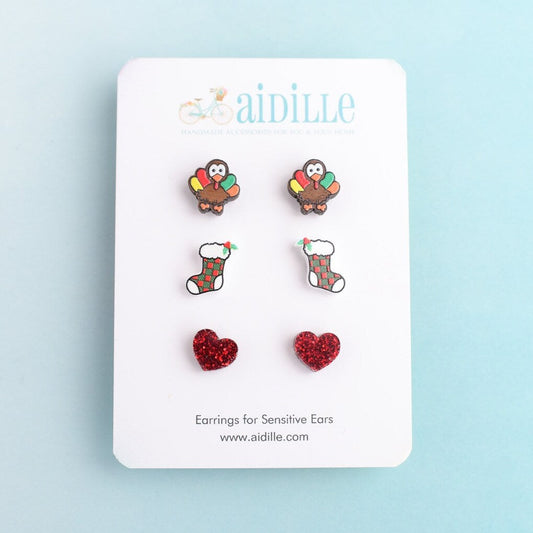Winter Holiday Earring Trio with Titanium Posts- Turkey, Stockings, Hearts