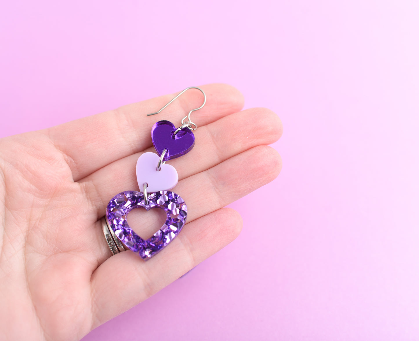 Chunky Glitter Purple Heart Dangle Earrings with Titanium Ear Wires