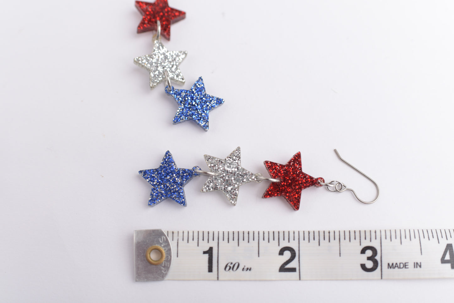 Red, White, and Blue Glitter Star Dangle Earrings with Titanium Ear Wires