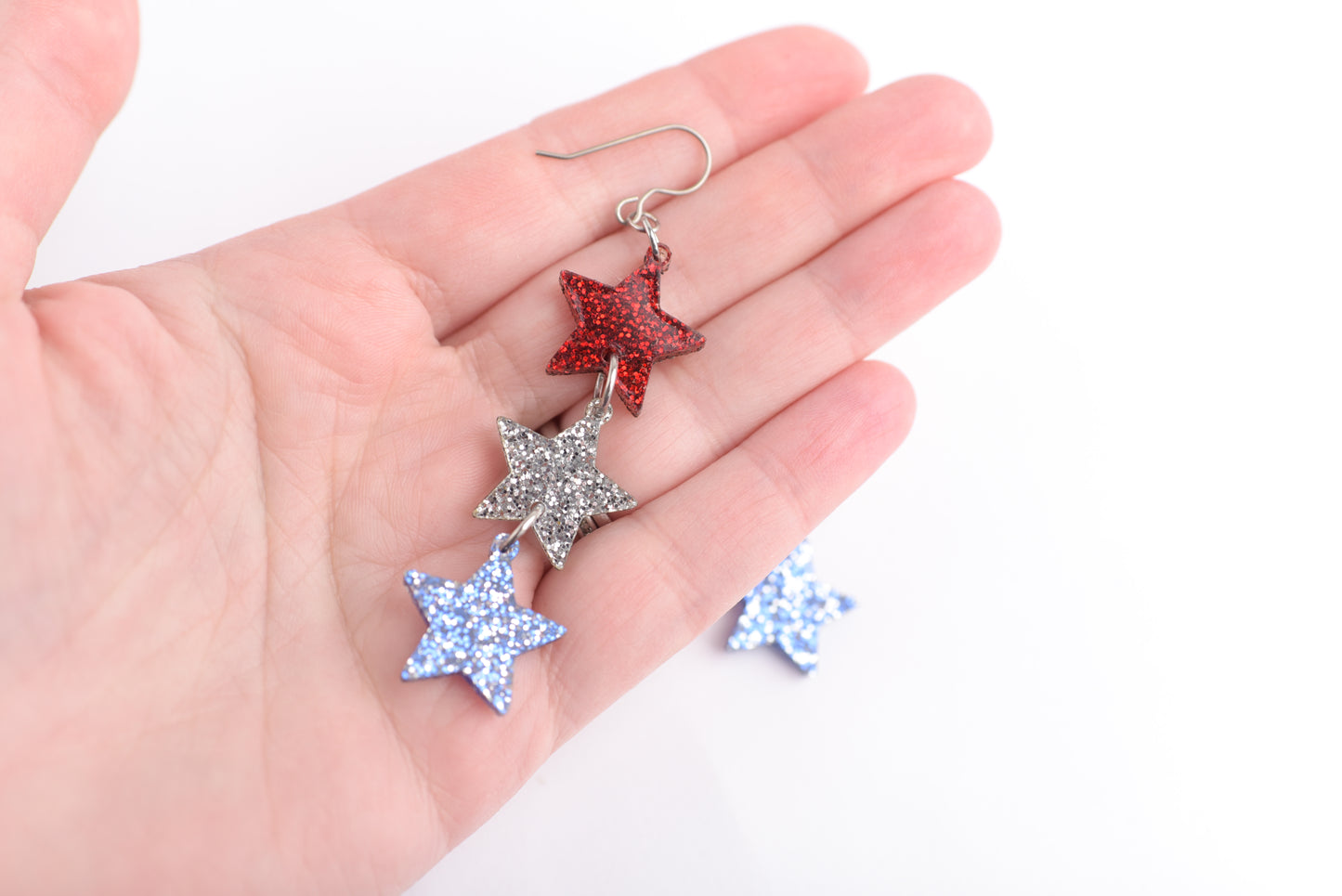 Red, White, and Blue Glitter Star Dangle Earrings with Titanium Ear Wires