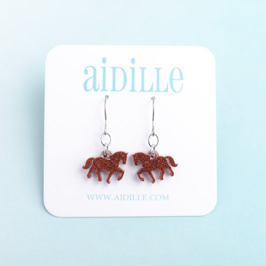 Copper Glitter Horse Dangle Earrings with Titanium Ear Wires