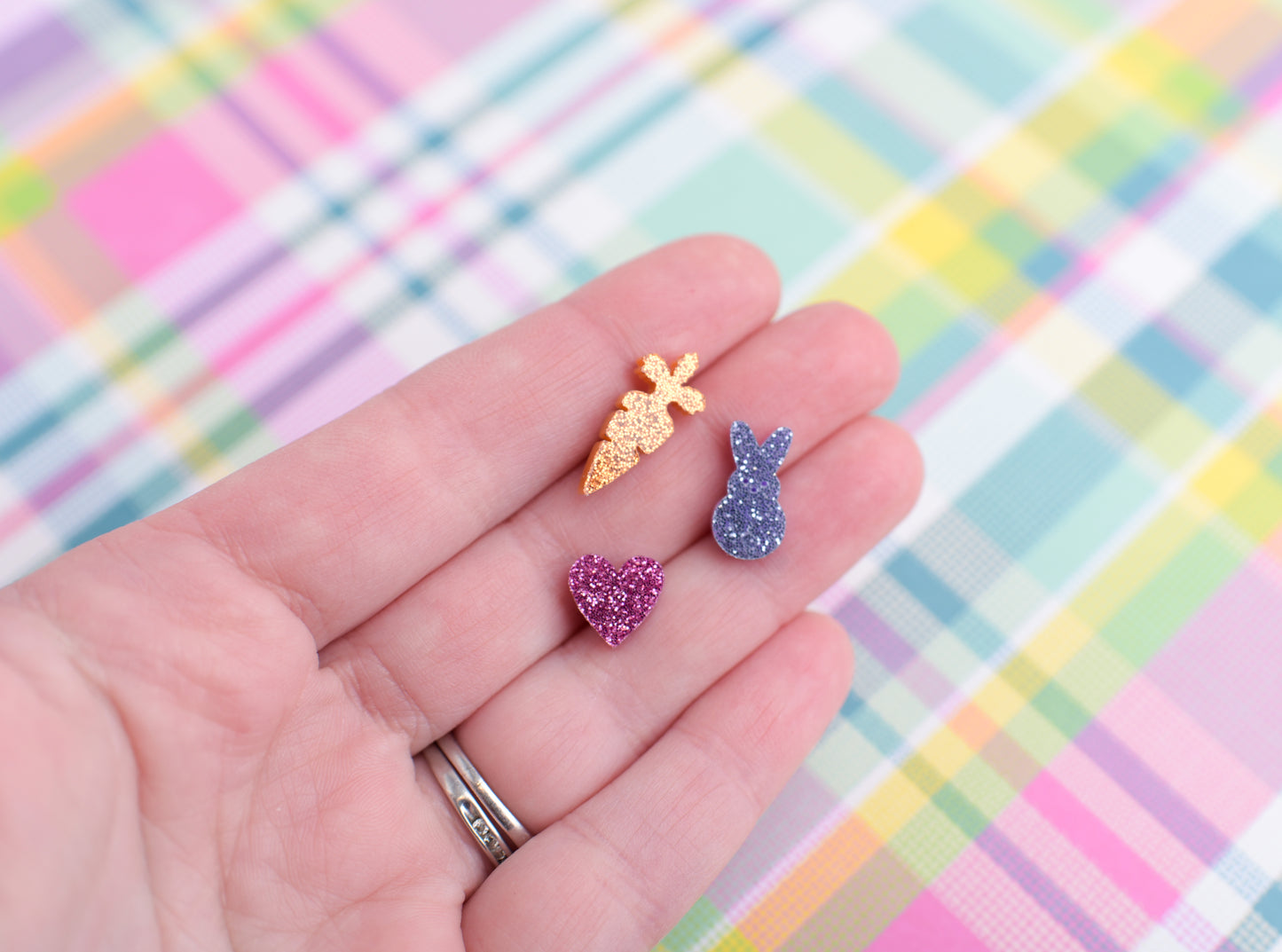 Glitter Easter Earring Trio with Titanium Posts- Bunny, Carrot, and Heart