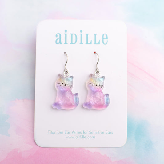Pastel Rainbow Cat Dangle Earrings with Titanium Posts