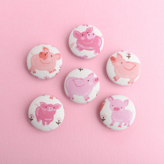 Pink Pig Fabric Button Magnets- Set of 6