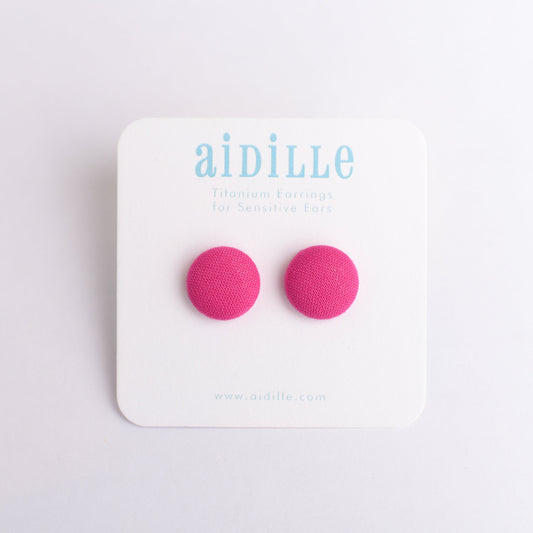 Hot Pink Fabric Button Earrings with Titanium Posts