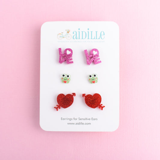 Valentine's Day Earring Trio with Titanium Posts- LOVE, Heart Frog, & Heart Arrow