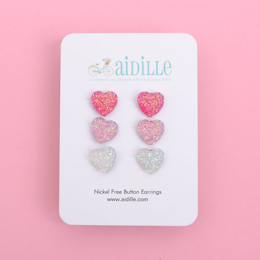 Pink Glitter 12mm Heart Earring Trio with Titanium Posts