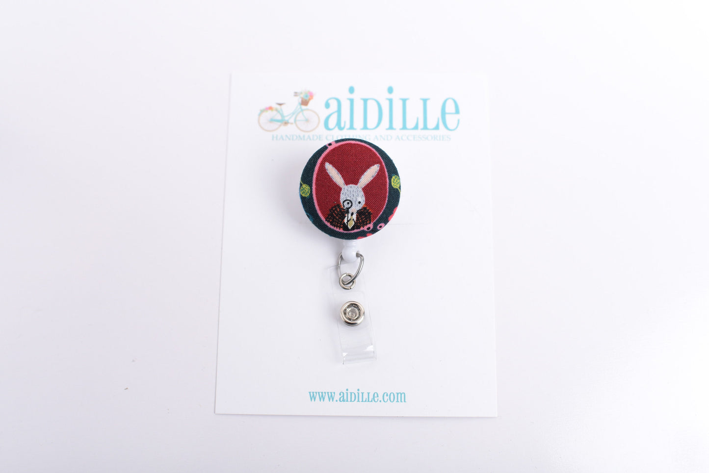 Alice In Wonderland Fabric Button Badge Reel- Choose Alice, White Rabbit, or Queen of Hearts