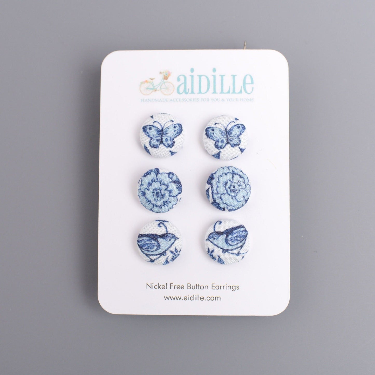 Chinoiserie Fabric Button Earrings, Blue White Floral Butterfly Bird Trio, Japanese Pretty Titanium  Studs