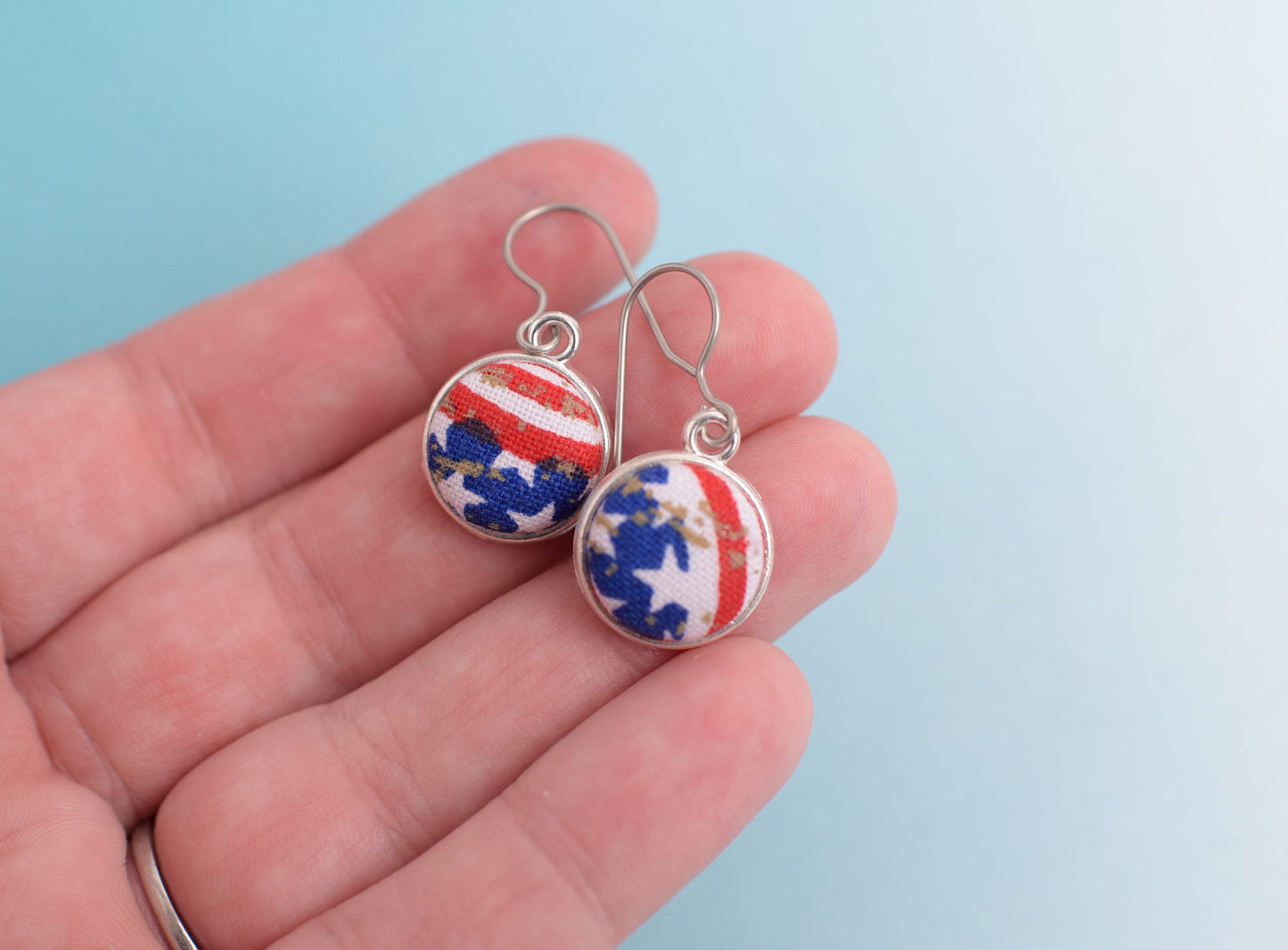 Stars and Stripes Fabric Button Dangles with Titanium Ear Wires