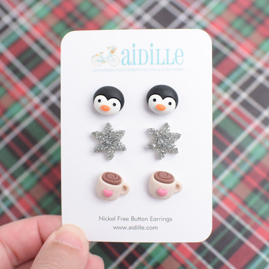 Penguin, Hot Cocoa, and Snowflake Earring Trio with Titanium Posts