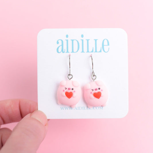 Pink Pig with Heart Earrings with Titanium Ear Wires