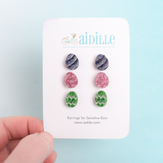 Glitter Acrylic Easter Egg Earring Trio with Titanium Posts