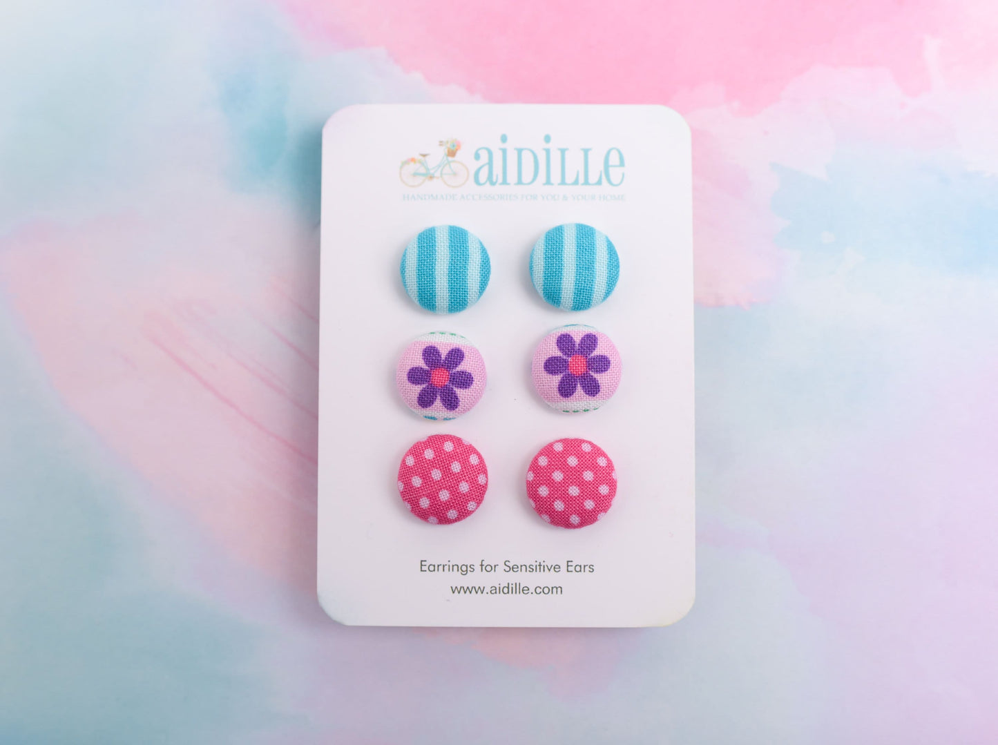 Colorful Fabric Button Earring Trio with Titanium Posts