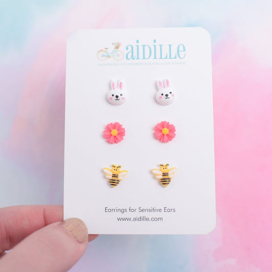 Girls Spring Earring Trio with Titanium Posts: Bunny, Daisy, & Bee