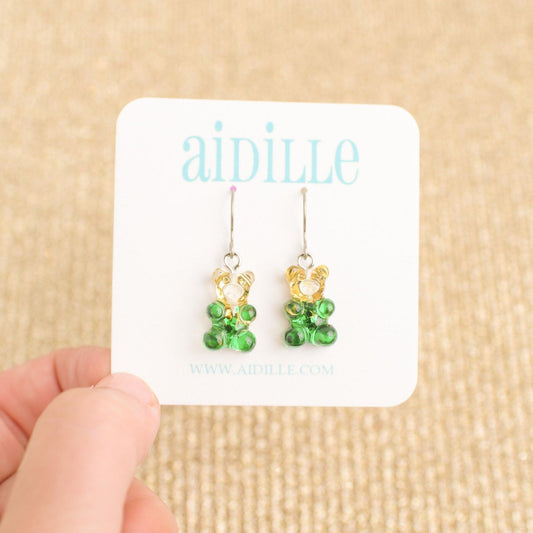 Green and Gold Gummy Bear Dangle Earrings with Titanium Ear Wires