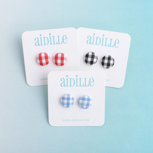 Gingham Fabric Button Earrings with Titanium Posts- Choose Black Red or Blue Plaid