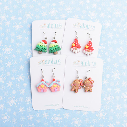 Gingerbread House, Girl, Tree, or Gnome Christmas Earring Dangles with Titanium Ear Wires