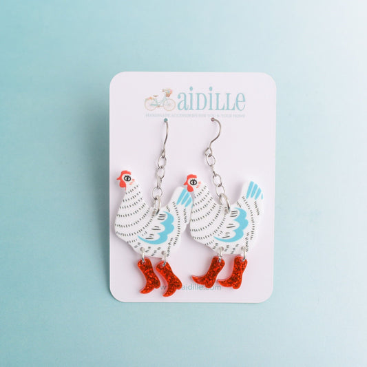 Chickens In Red Glitter Boots Dangle Earrings with Titanium Ear Wires