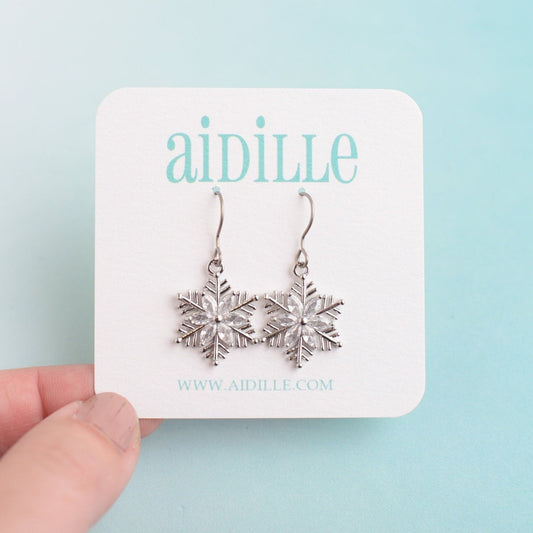 Sparkly Silver Snowflake Dangles with Titanium Ear Wires