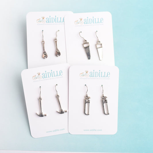 Silver Tool Earring Dangles with Titanium Ear Wires- Hammer Saw or Wrench