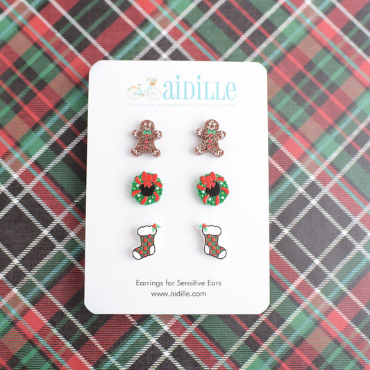 Gingerbread Man, Wreath, and Stocking Earring Trio with Titanium Posts
