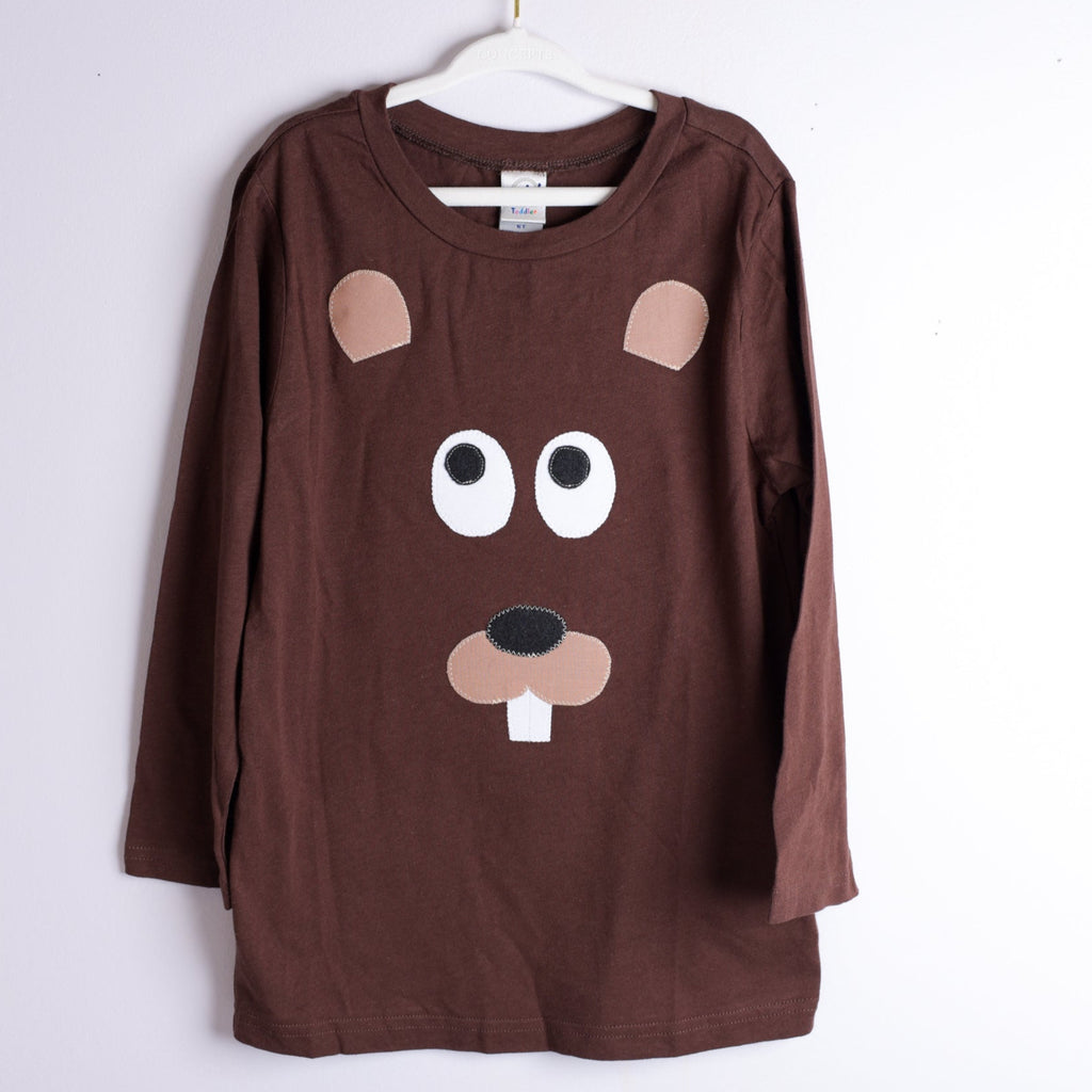 Brown long-sleeve shirt with cartoon beaver face design on a white background