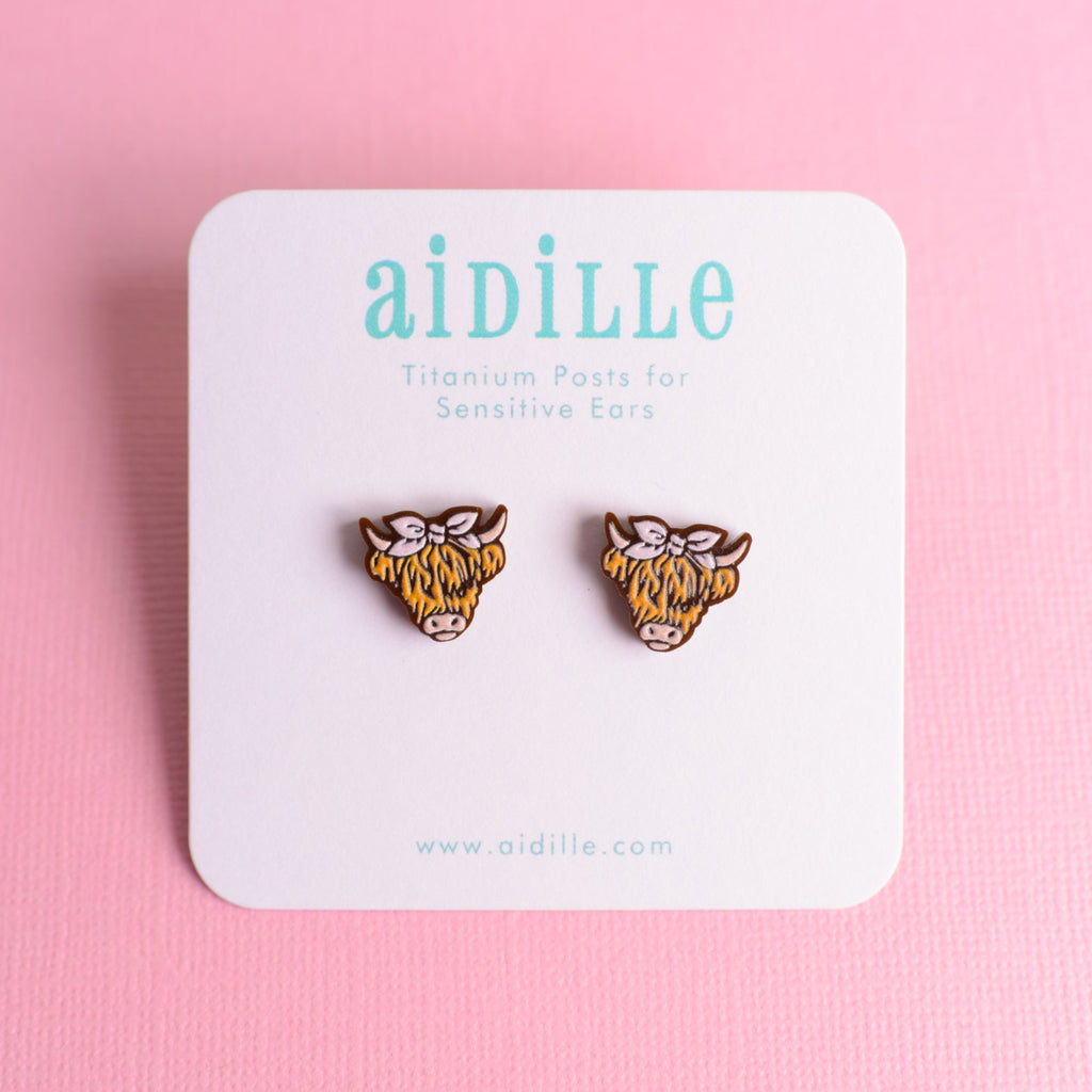 highland cow earrings with titanium posts