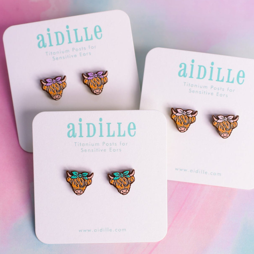 Highland cow earrings with titanium posts
