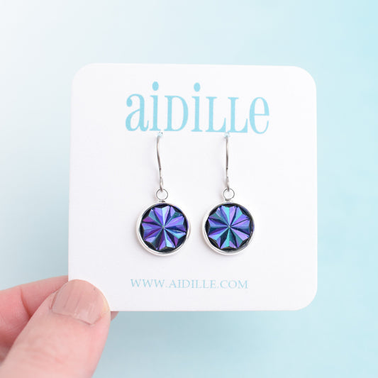 Iridescent Teal and Purple Starburst Dangle Earrings with Titanium Ear Wires
