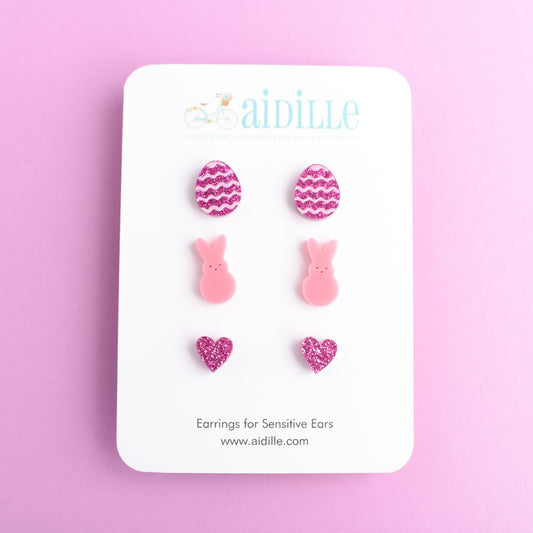 Magenta and Pink Easter Earring Trio with Titanium Posts