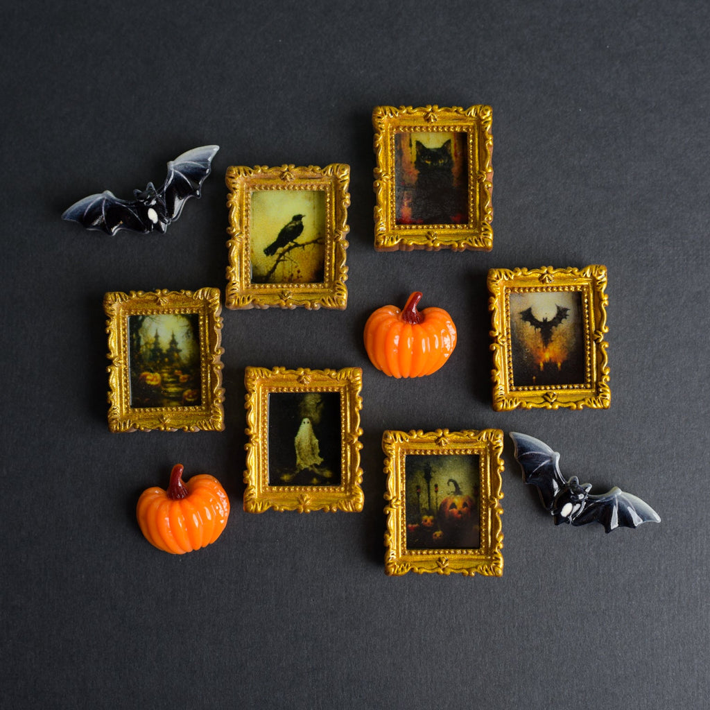 Spooky Gilded Frame Magnets with Portraits, Pumpkins, and Bats