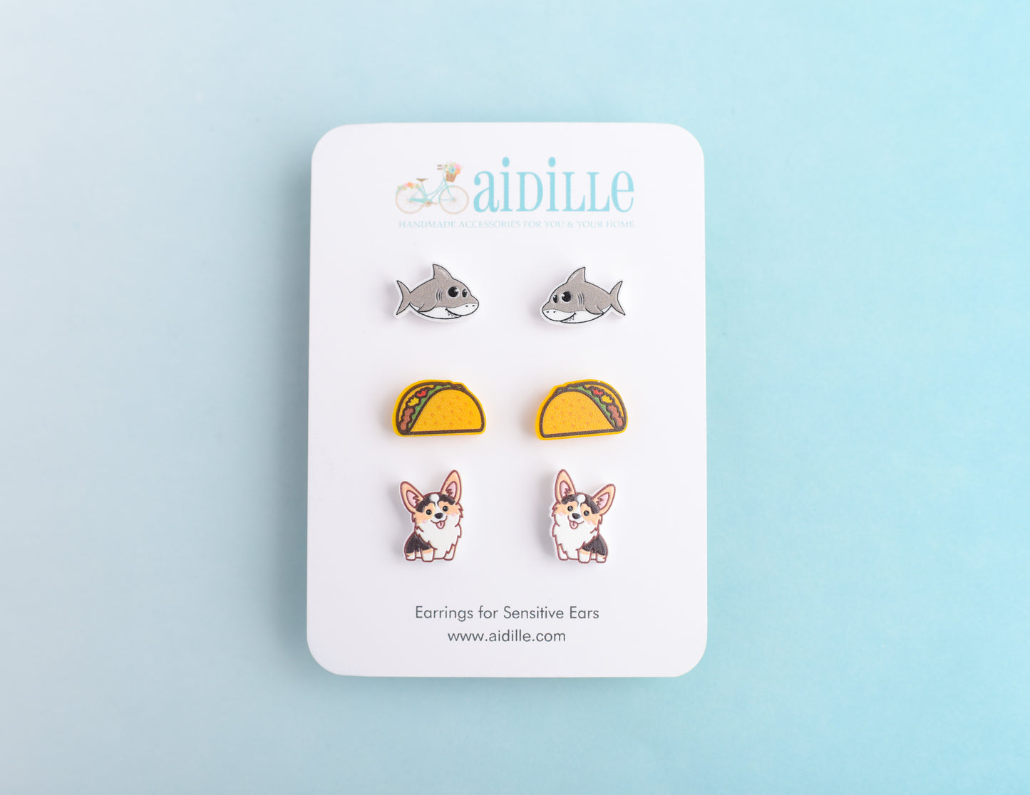 Assorted Novelty Earring Trio with Titanium Posts- Corgi Dogs, Tacos, and Sharks