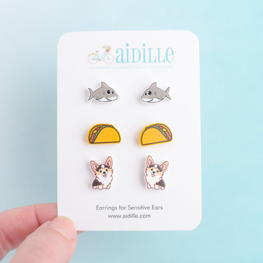 Assorted Novelty Earring Trio with Titanium Posts- Corgi Dogs, Tacos, and Sharks