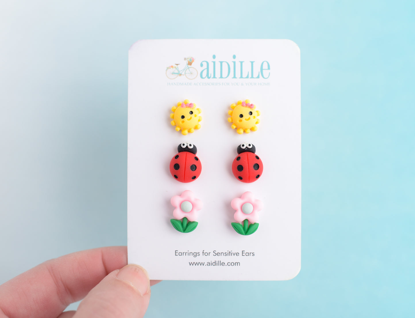 Ladybug, Sun, and Flower Spring Earring Trio with Titanium Posts