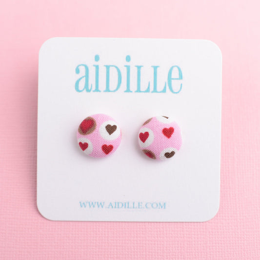 Pink Heart Fabric Button Earrings with Titanium Posts