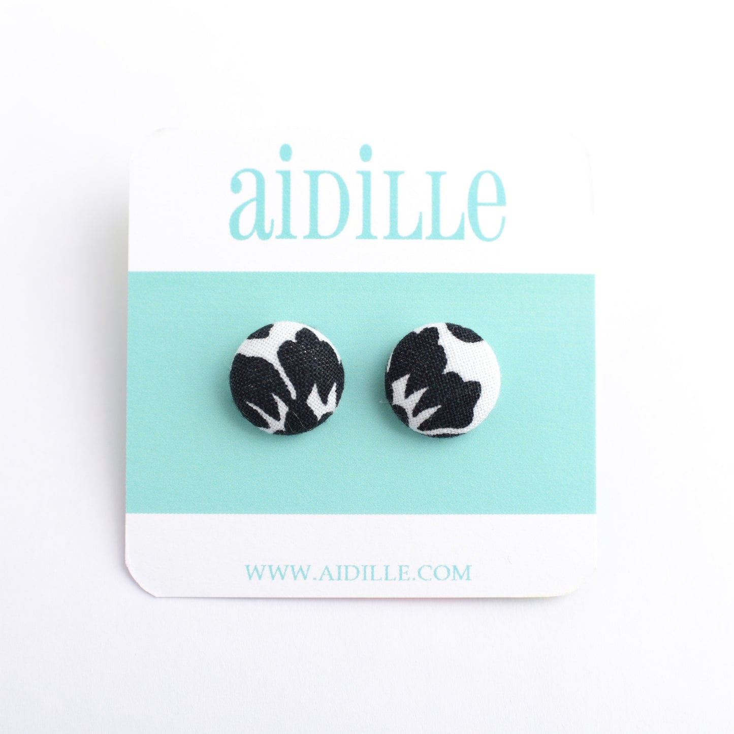 Black and White Damask Fabric Button Earrings with Titanium Posts