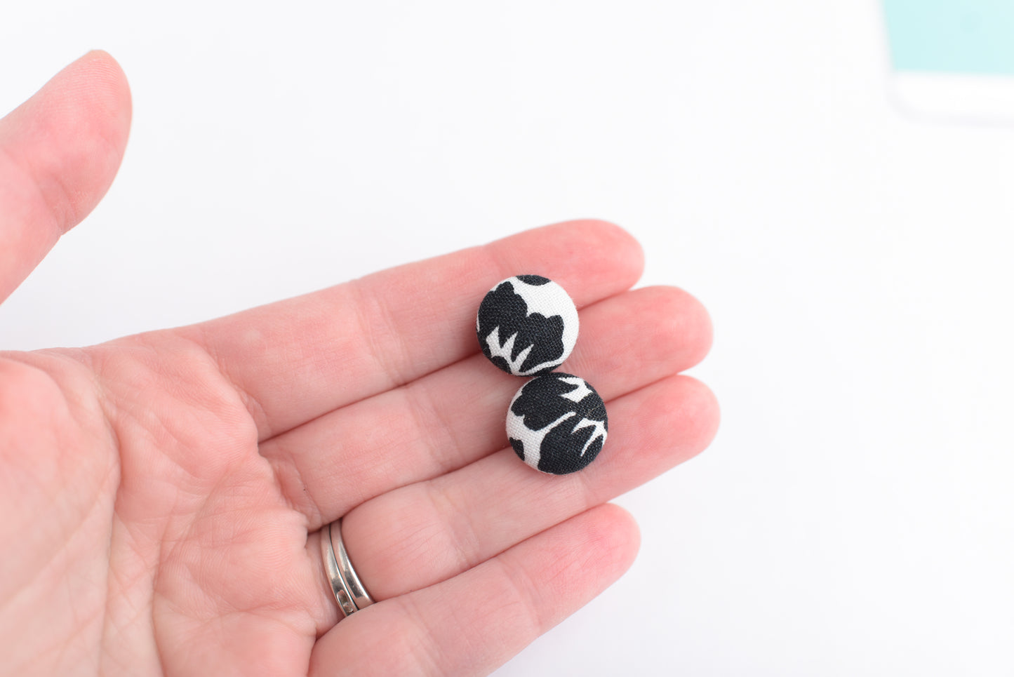 Black and White Damask Fabric Button Earrings with Titanium Posts