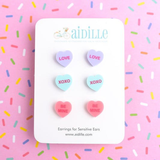 Candy Heart with Love Sayings Earring Trio with Titanium Posts