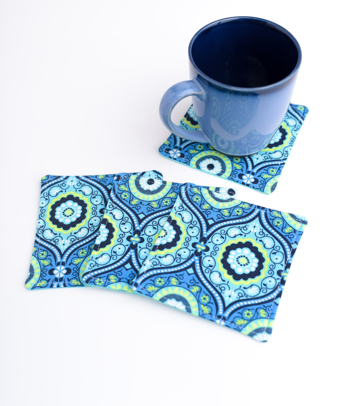 Turquoise and Lime Medallion Floral Fabric Coasters- Set of 4