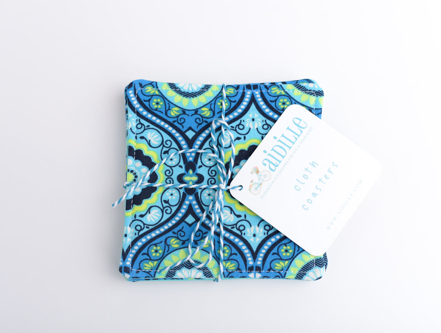 Turquoise and Lime Medallion Floral Fabric Coasters- Set of 4