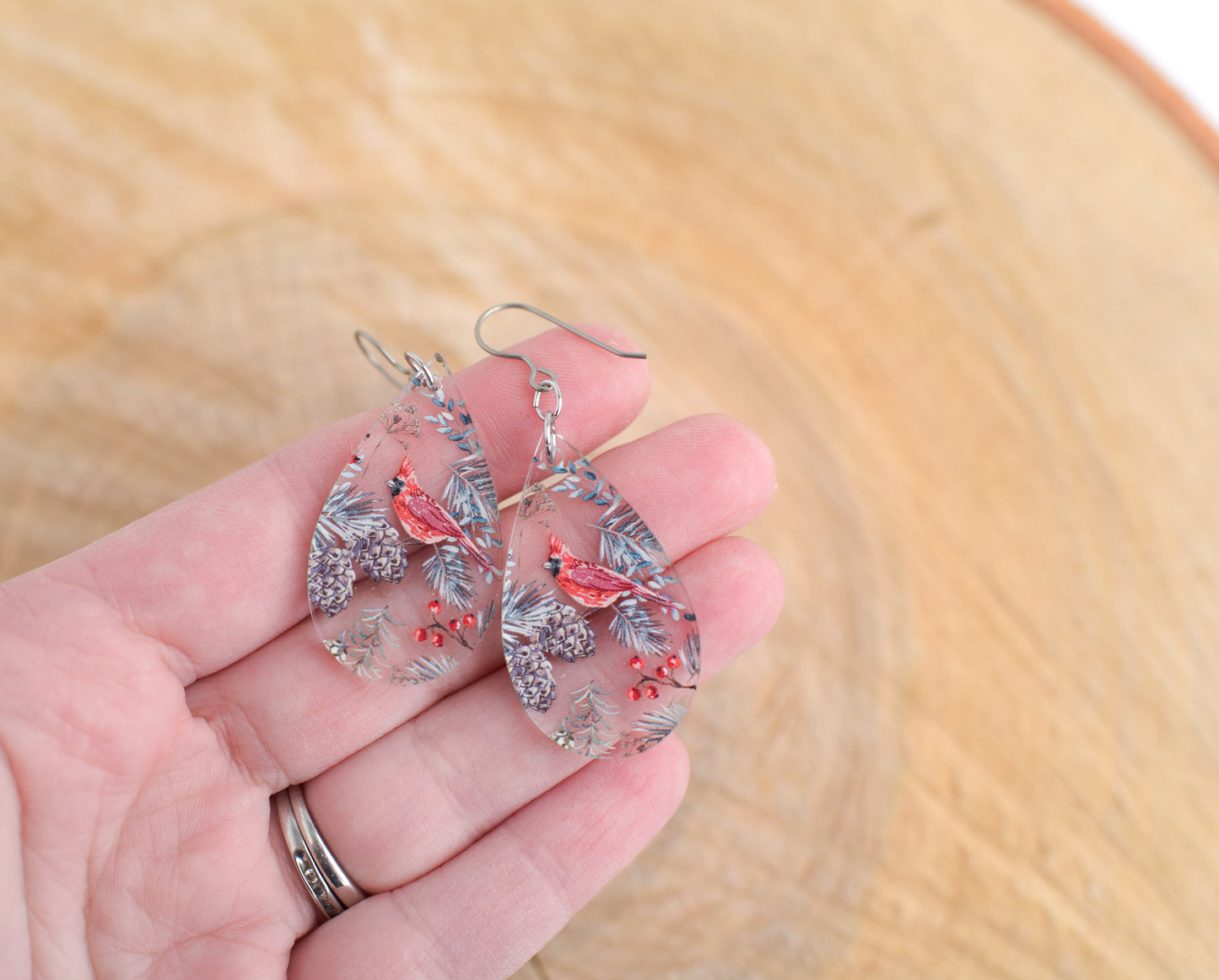 Cardinal Acrylic Teardrop Dangle Earrings with Titanium Ear Wires- CLEAR