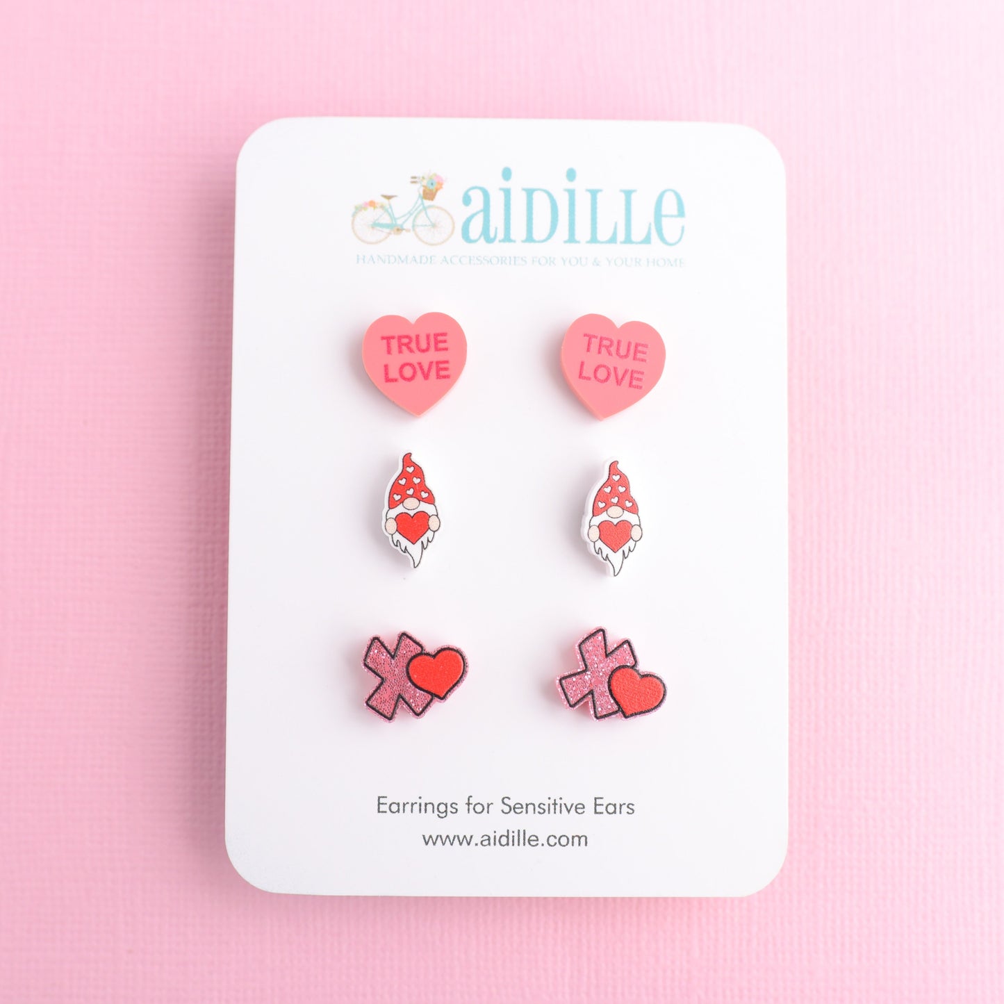 Valentines Day Earring Trio with Titanium Posts- Convo Heart, Gnomes, XO