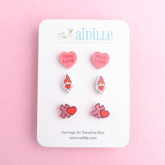 Valentines Day Earring Trio with Titanium Posts- Convo Heart, Gnomes, XO