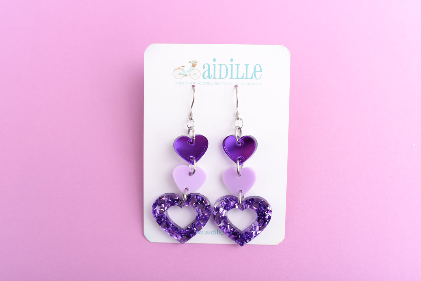 Chunky Glitter Purple Heart Dangle Earrings with Titanium Ear Wires