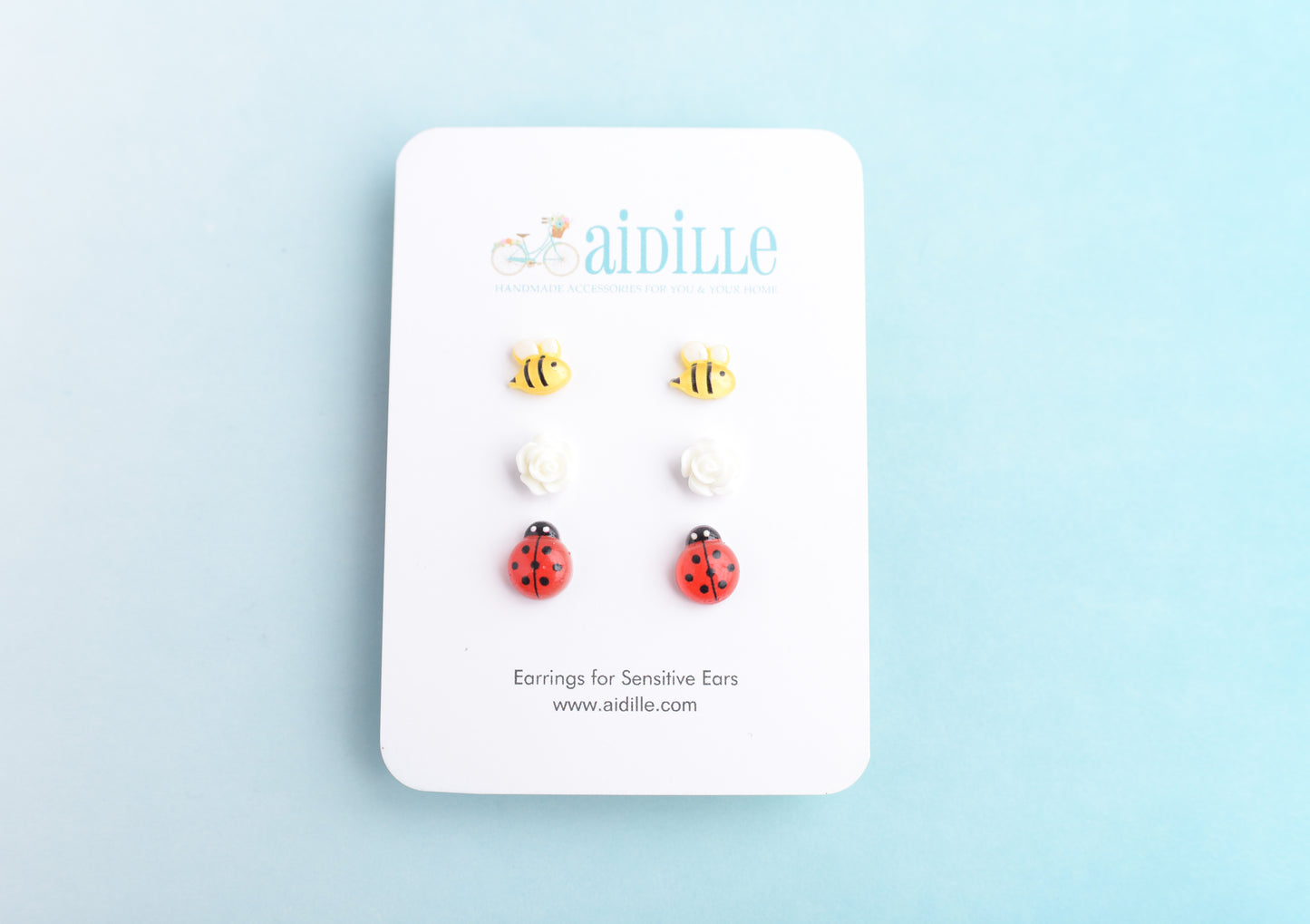 Mini Spring Bee, Rose, and Ladybug Earring Trio with Titanium Posts