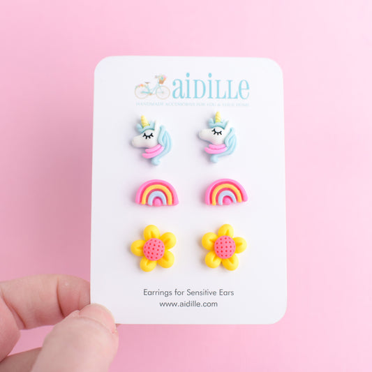 Bright Rainbow Unicorn Flower Earring Trio with Titanium Posts