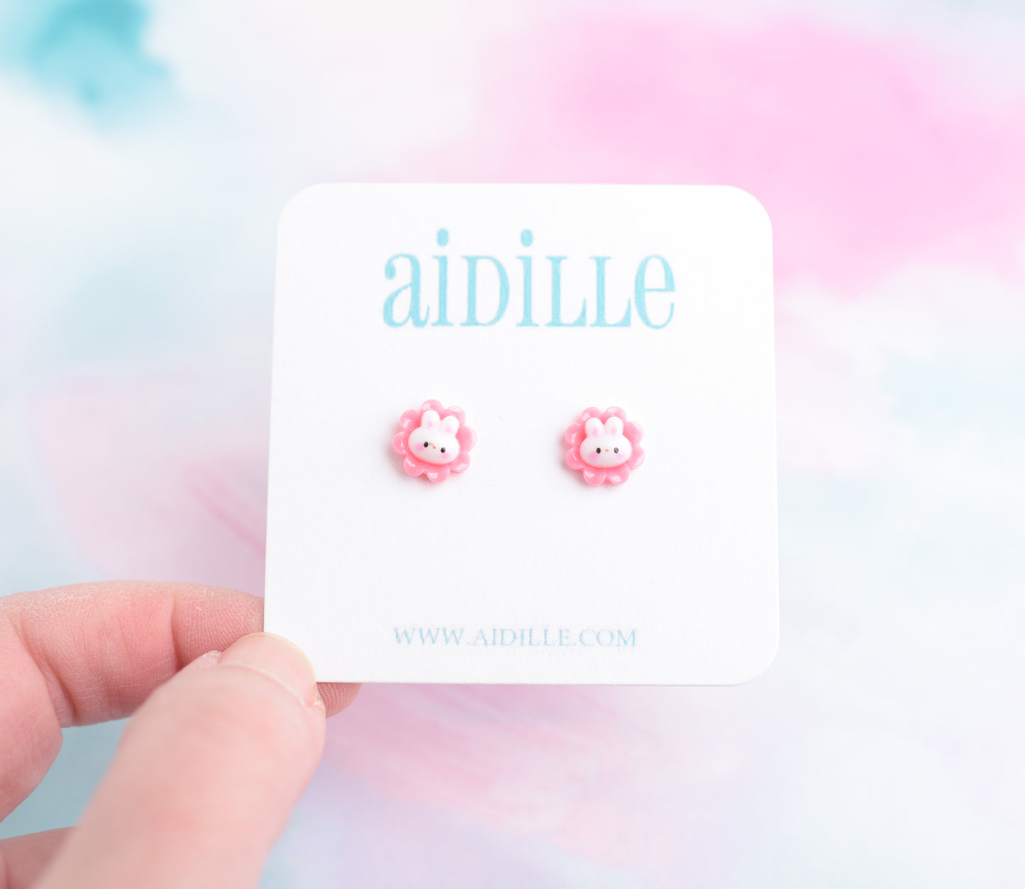 White Bunny in Pink Flower Earrings with Titanium Posts