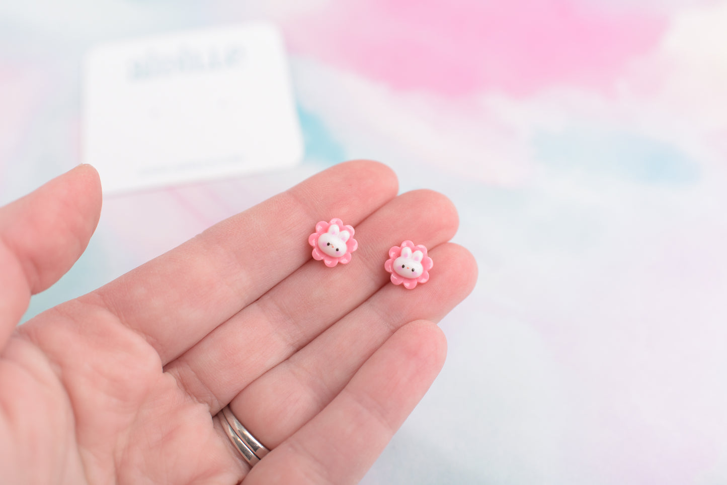 White Bunny in Pink Flower Earrings with Titanium Posts