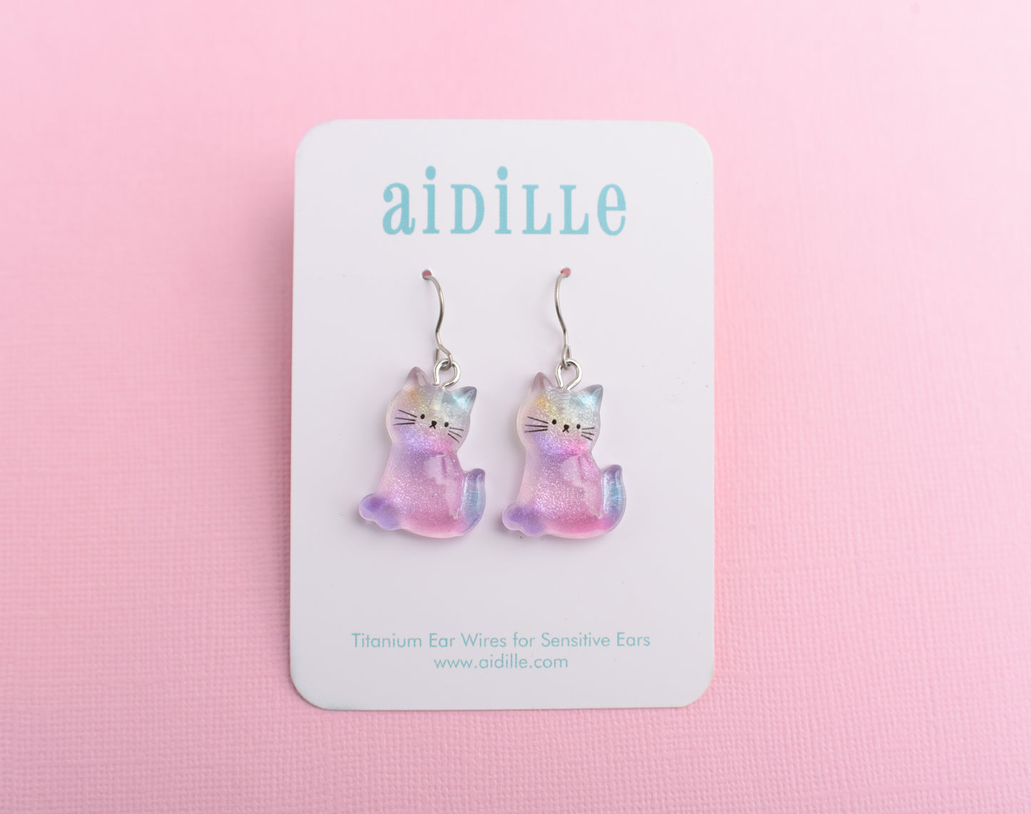 Pastel Rainbow Cat Dangle Earrings with Titanium Ear Wires